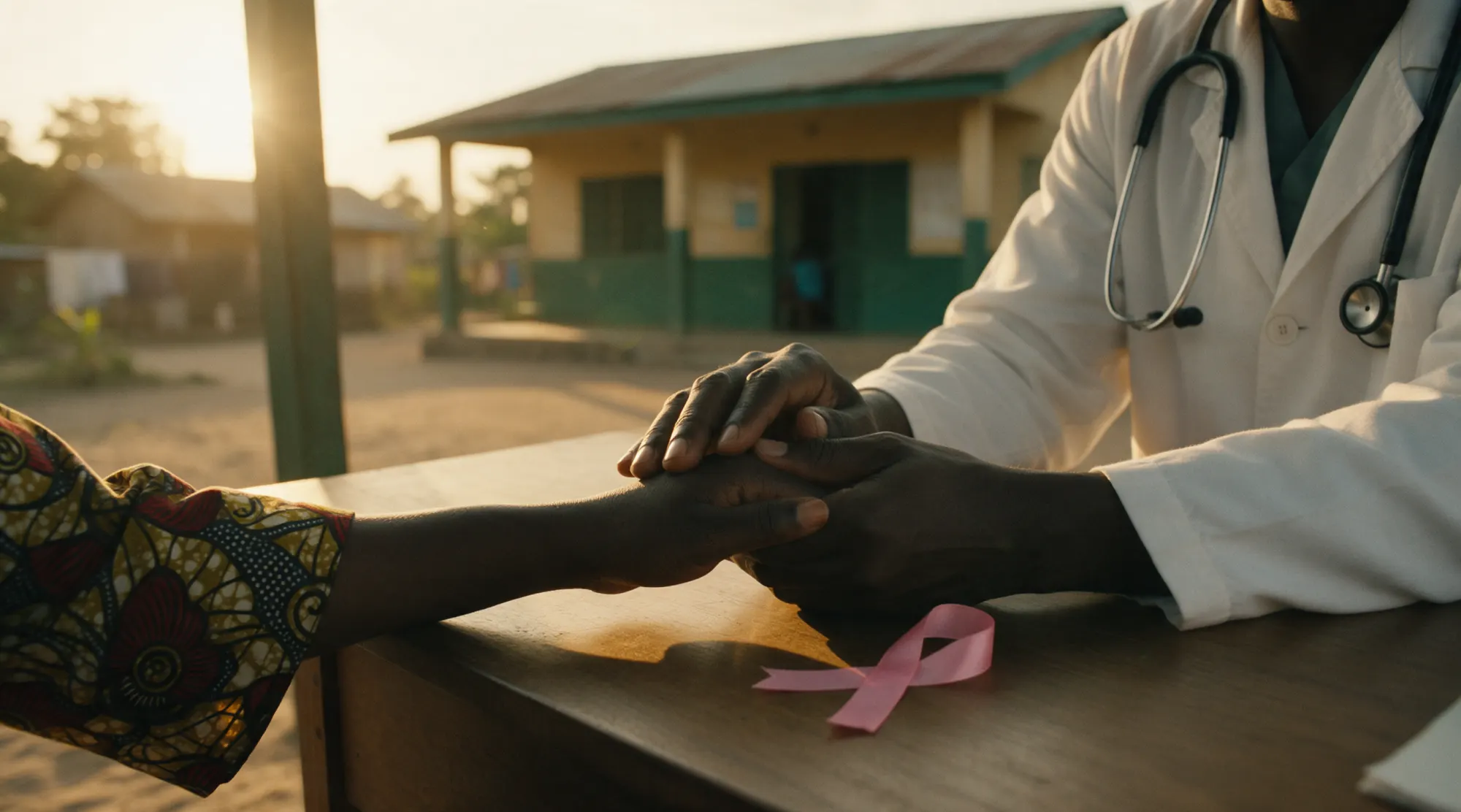 A doctor holds a patient's hand outside a health clinic, a pink ribbon on the desk.