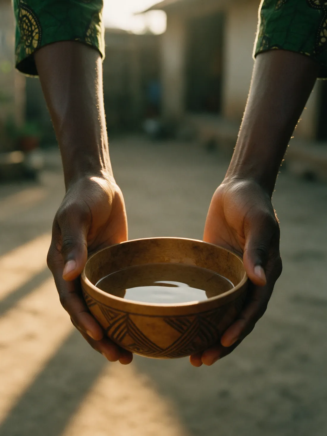Two hands offering a calabash bowl of clear water.