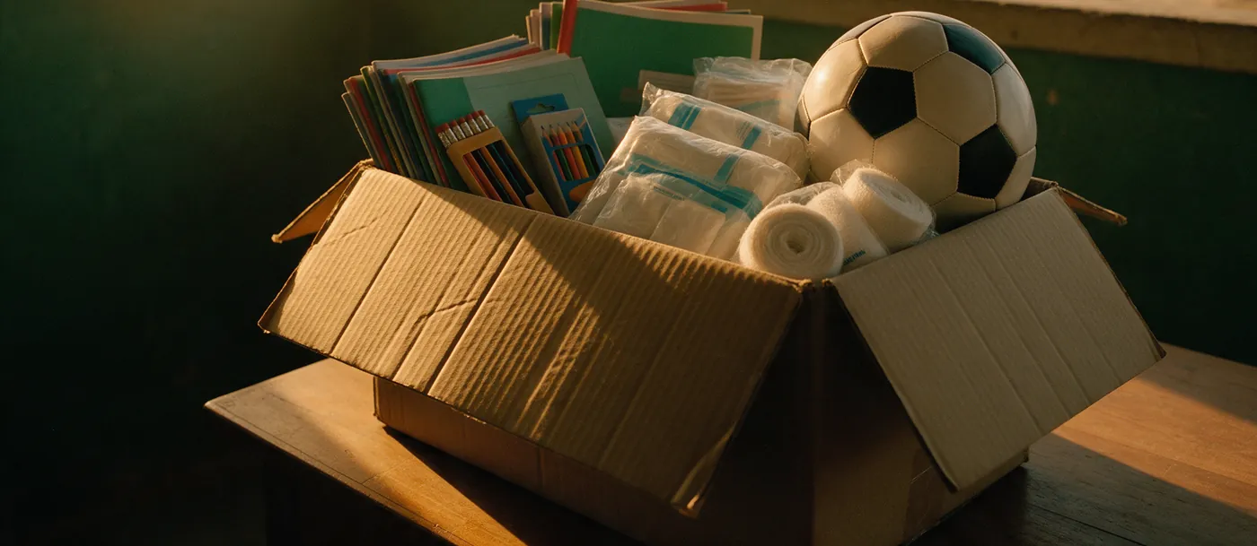 Un carton de dons rempli de cahiers, de crayons, de kits d'hygiène, de compresses et d'un ballon neuf.