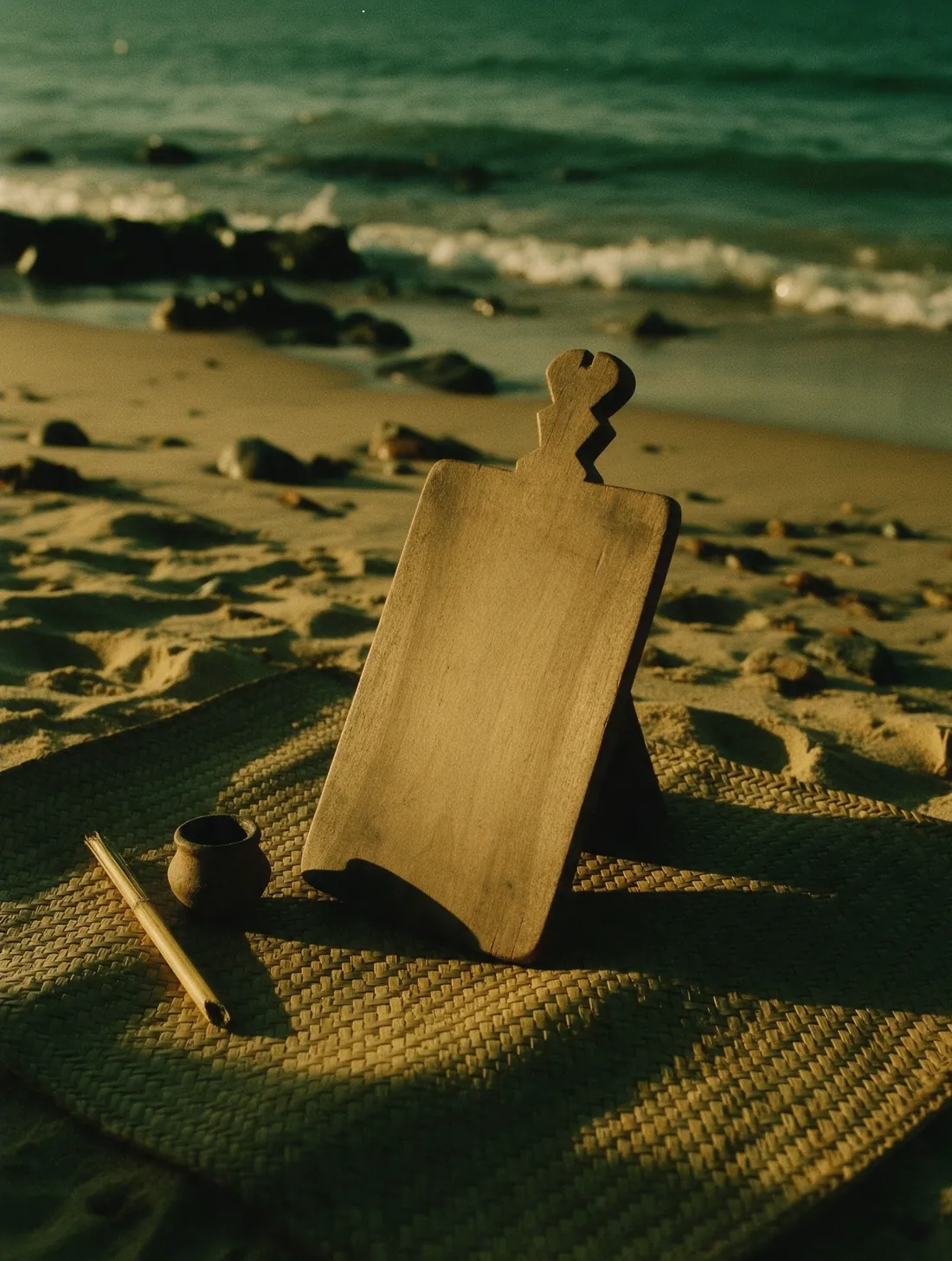 A wooden writing board, a clay inkpot and a reed pen on a woven mat by the shore.