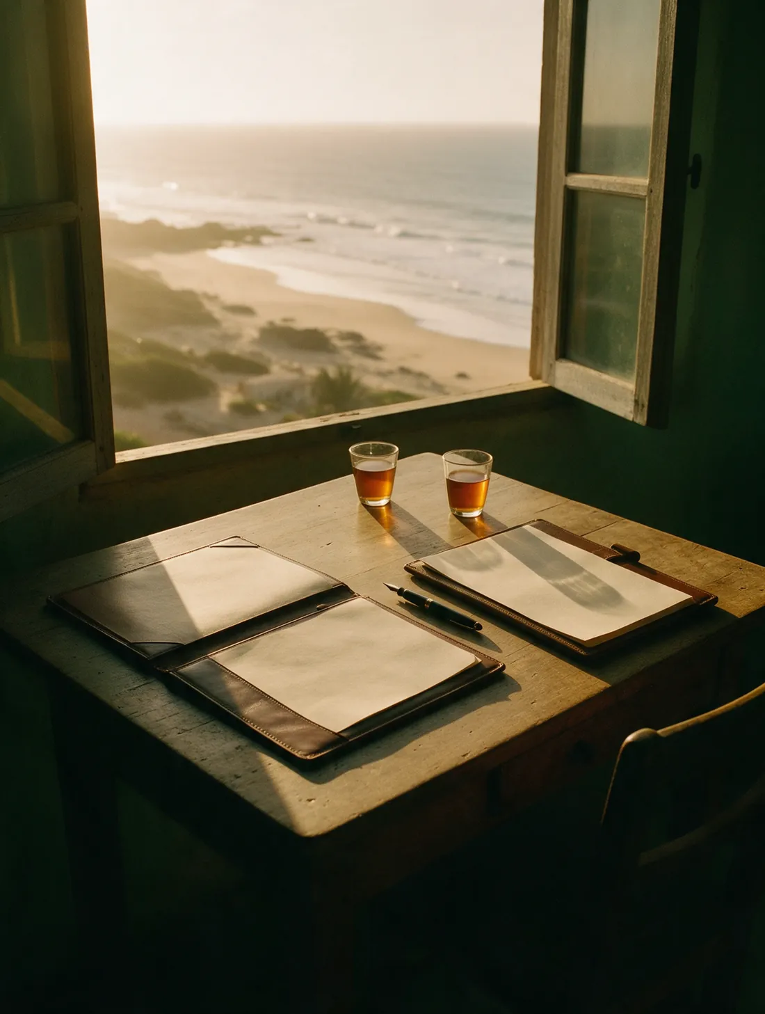 Two open folders, a pen and two glasses of tea on a table facing the ocean.