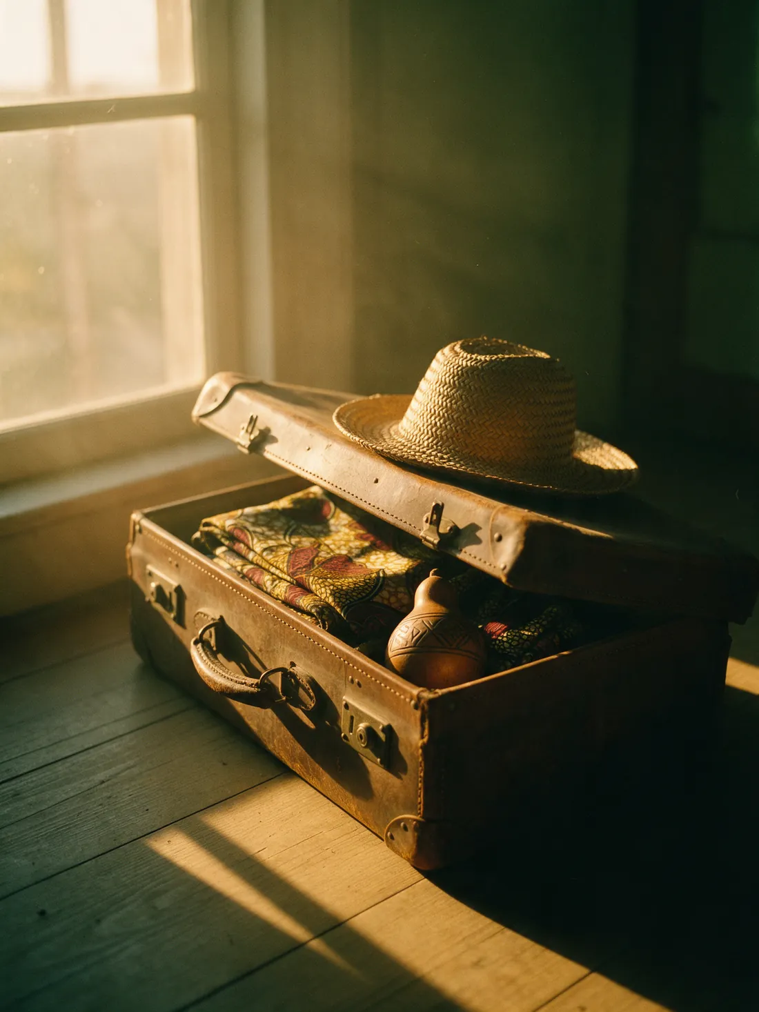 An open travel suitcase packed with wax-print cloth and a small calabash.