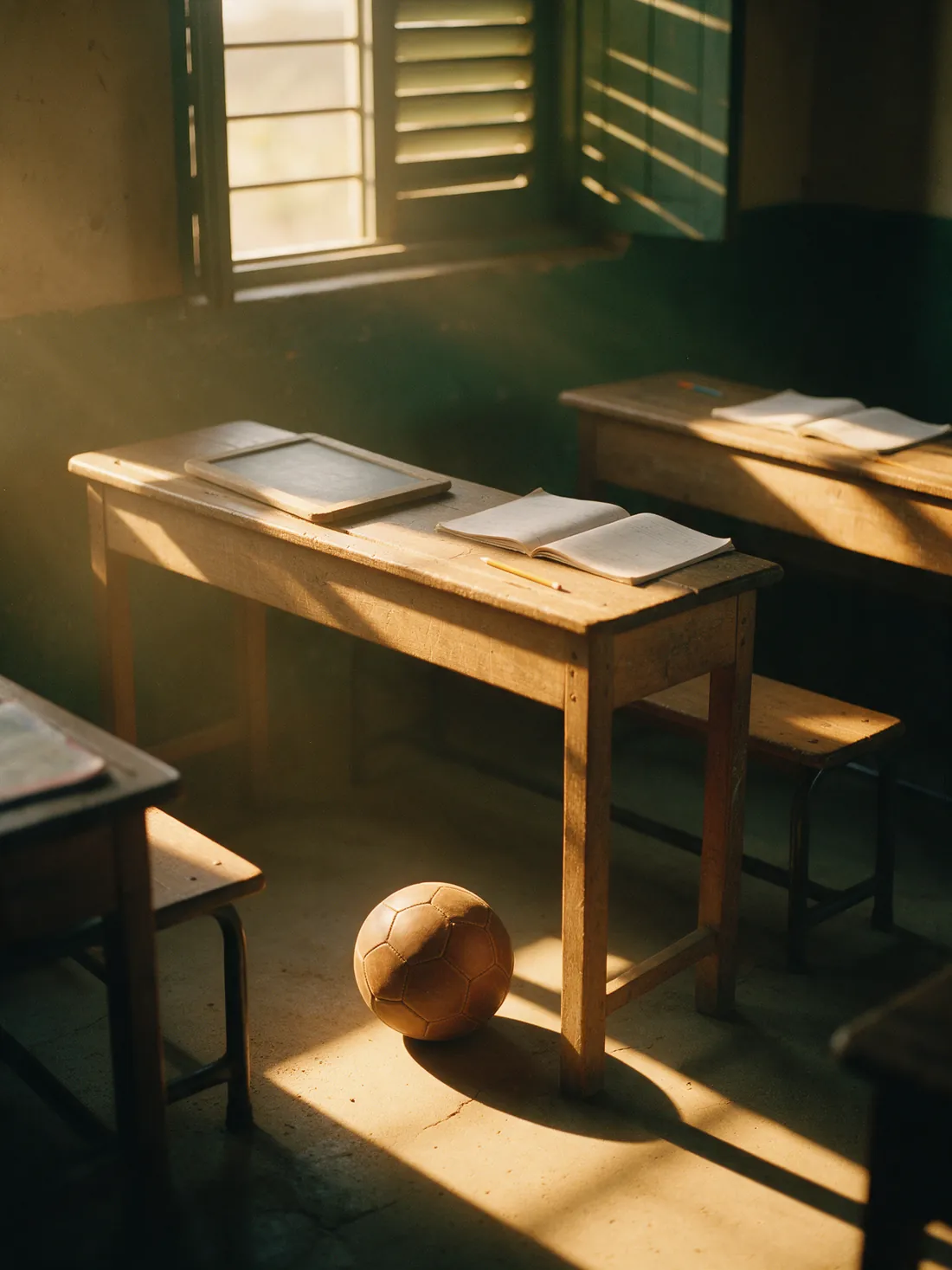 A sunlit classroom corner with desks, a slate, exercise books and a football.