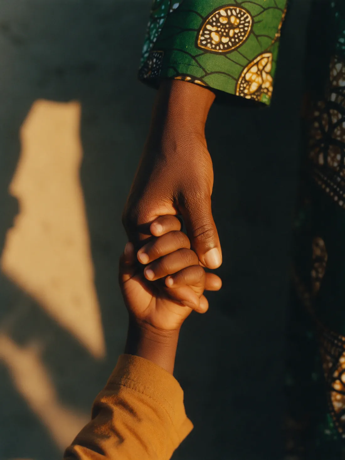 An adult's hand gently holding a child's hand.