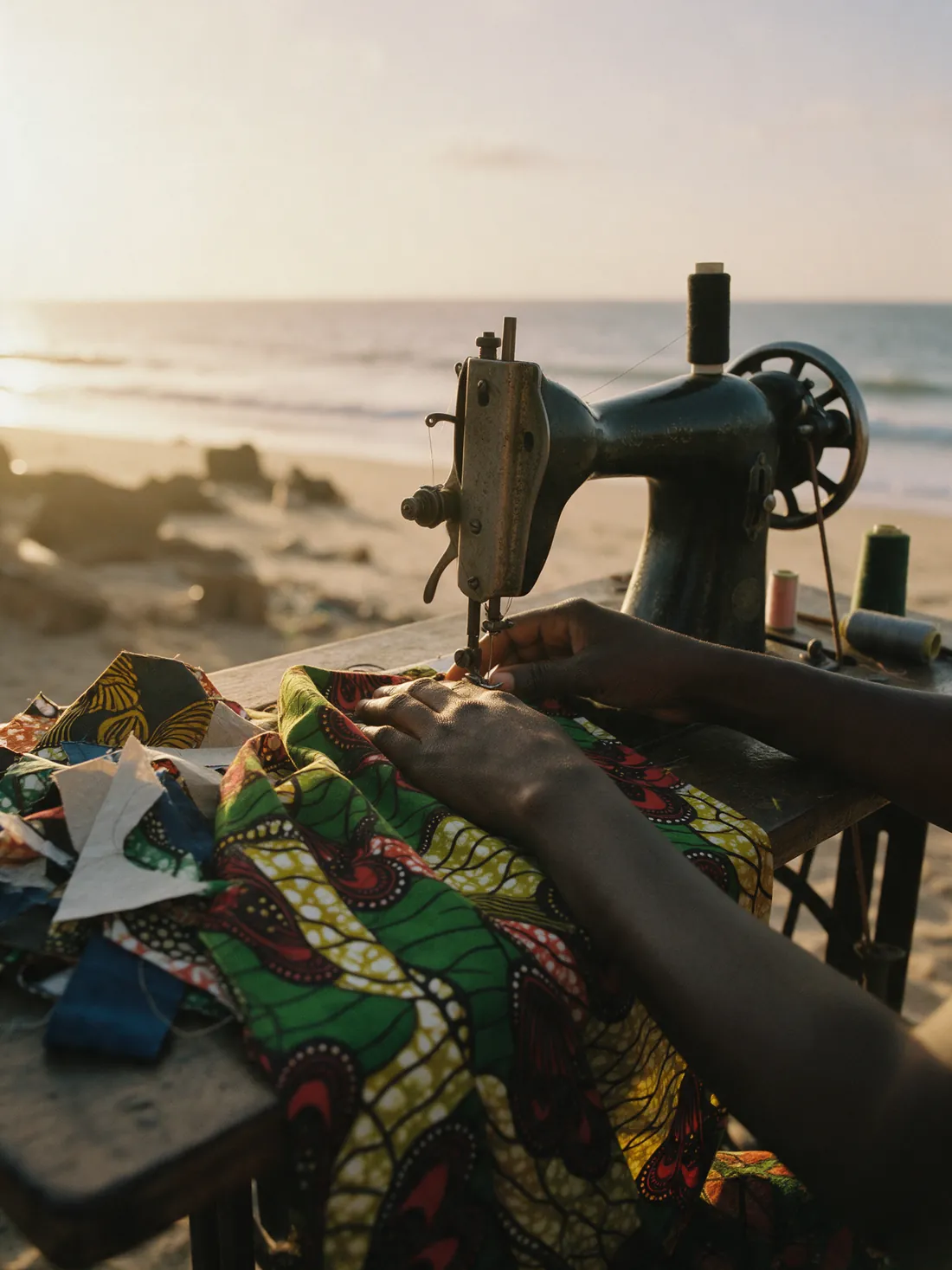 A woman's hands guiding wax-print cloth through a sewing machine.